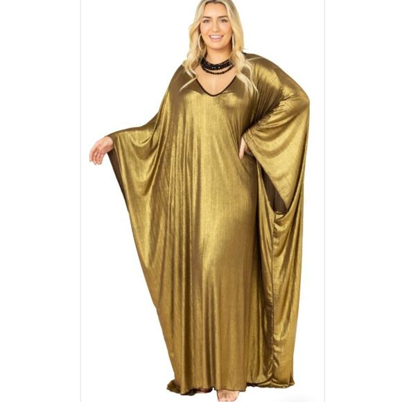 Karen-T Design Gold Metallic Kaftan Maxi Dress Made in USA One Size Glam - Picture 1 of 4